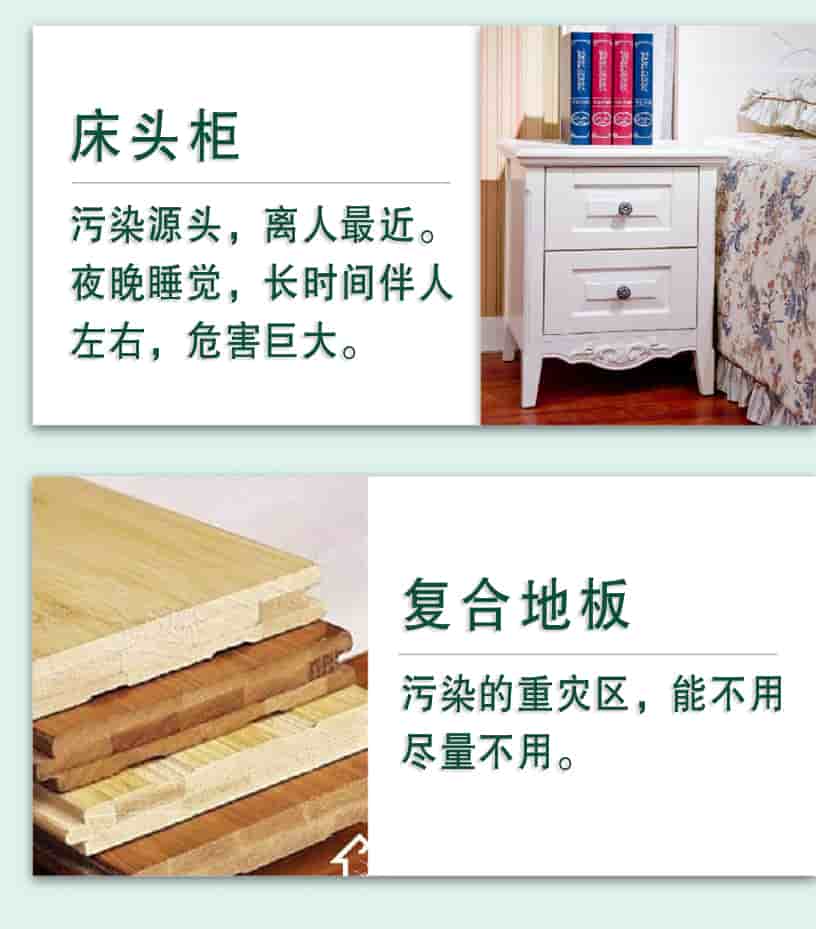 床頭柜，污染源頭，離人最近，夜晚睡覺，長時間伴人左右，危害巨大，復合地板，污染的重災區(qū)，能不用盡量不用