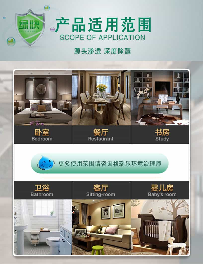 產品適用范圍，SCOPE OF APPLICATION,源頭滲透，深度除醛，臥室，Bedroom,餐廳，Restarant,書房，Study，衛(wèi)浴，Bathroom,客廳，Siting-room,嬰兒房，Baby' room,更多使用范圍請咨詢格瑞樂環(huán)境治理師