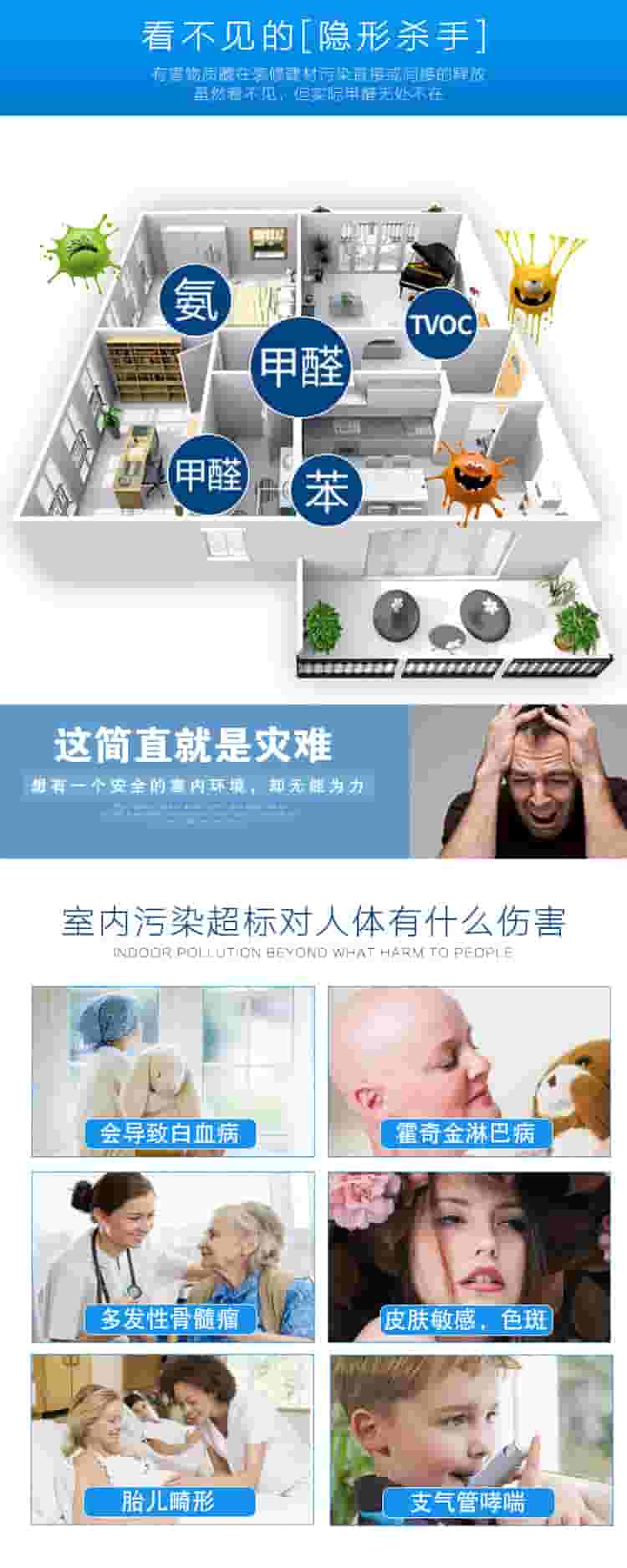看不見的[隱形殺手]有害物質(zhì)在裝修建材污染直接或間接的釋放，雖然看不見，但實(shí)際甲醛無處不在，氨，甲醛，苯，TVOC，這簡(jiǎn)直是災(zāi)難，想有一個(gè)安全的室內(nèi)環(huán)境，卻無能為力，室內(nèi)污染超標(biāo)對(duì)人體有什么傷害，會(huì)導(dǎo)致白血病，霍奇金淋巴病，多發(fā)性骨髓瘤，皮膚敏感，色斑，胎兒畸形，支氣管哮喘