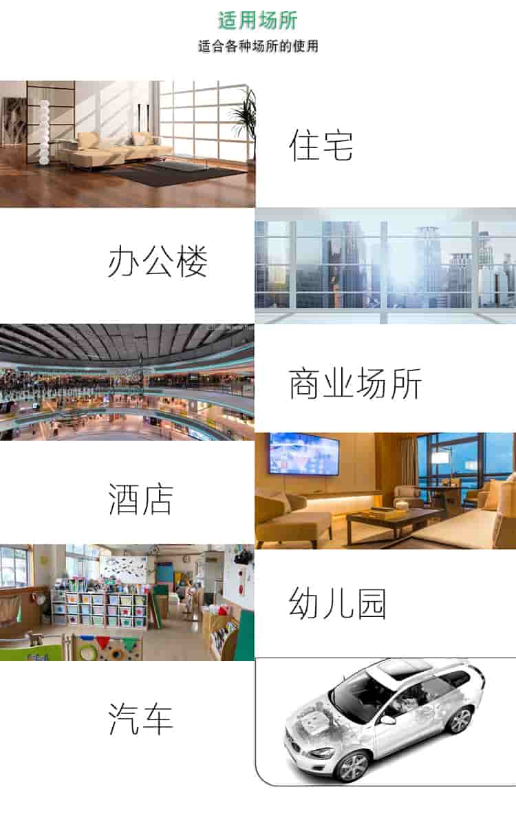 適用場(chǎng)所，適合各種場(chǎng)所的使用，住宅，辦公樓，商業(yè)場(chǎng)所，酒店，幼兒園，汽車