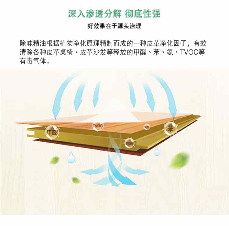 深入滲透分解 徹底性強(qiáng)，好效果在于源頭治理，除味精油根據(jù)植物凈化原理精制而成的一種皮革凈化因子，有效清除各種皮革桌椅丶皮革沙發(fā)等釋放的甲醛丶苯丶氨丶TVOC等 有毒氣體。