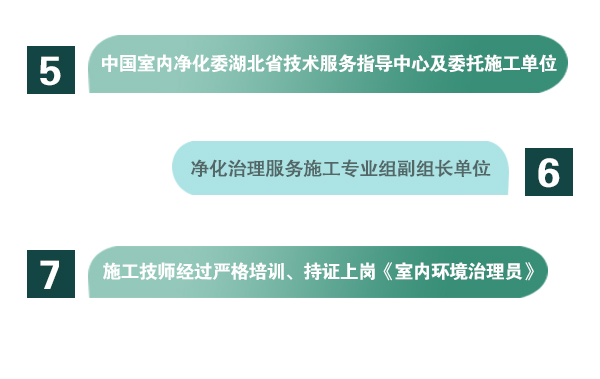 1、全國首創(chuàng)“家庭環(huán)保服務(wù)顧問”式服務(wù)  2、全國室內(nèi)環(huán)境凈化治理行業(yè)“甲級(jí)”施工資質(zhì)證書  3、中國室內(nèi)環(huán)境凈化治理行業(yè)“甲級(jí)”能力等級(jí)證書  4、中國室內(nèi)環(huán)境凈化專業(yè)委員會(huì)副主任會(huì)員單位；  5、中國室內(nèi)凈化委湖北省技術(shù)服務(wù)指導(dǎo)中心及委托施工單位；  6、凈化治理服務(wù)施工專業(yè)組副組長單位；  7、施工技師經(jīng)過嚴(yán)格培訓(xùn)、持證上崗《室內(nèi)環(huán)境治理員》。