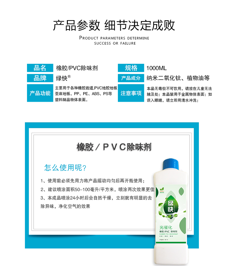 產(chǎn)品參數(shù)細(xì)節(jié)決定成敗,橡膠PVC除味劑,1000ML,綠快,納米二氧化鈦,植物油等,主要用于各種橡膠跑道,PVC地膠地板,亞麻地板,PP,PE,ABS,PS等塑料制品物體表面,本品無毒但不可飲用,請放在兒童無法觸及處,本品禁用于金屬物體表面,如誤入眼睛,請立即用清水沖洗,橡膠PVC除味劑怎么使用呢？1使用前必須先用力將產(chǎn)品搖動均勻再開瓶使用,2建議噴涂面積50-100毫升/平方米,噴涂兩次效果更佳,3本成品噴涂24小時后會自然干燥,立刻就有明顯的祛除異味,凈化空氣的效果