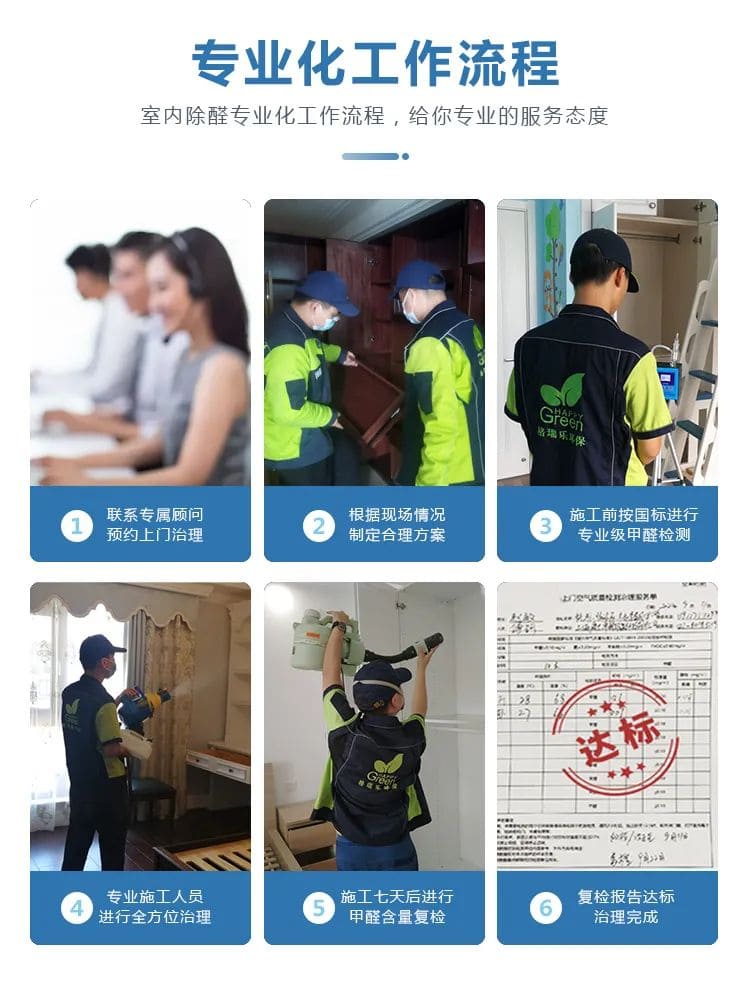 專業(yè)化工作流程,室內(nèi)除醛專業(yè)化工作流程,給你專業(yè)的服務(wù)態(tài)度,聯(lián)系專屬顧問預(yù)約上門治理,根據(jù)現(xiàn)場情況制定合理方案, 施工前按國標(biāo)進(jìn)行專業(yè)級甲醛檢測,專業(yè)施工人員進(jìn)行全方位治理,施工七天后進(jìn)行甲醛含量復(fù)檢,復(fù)檢報(bào)告達(dá)標(biāo)治理完成