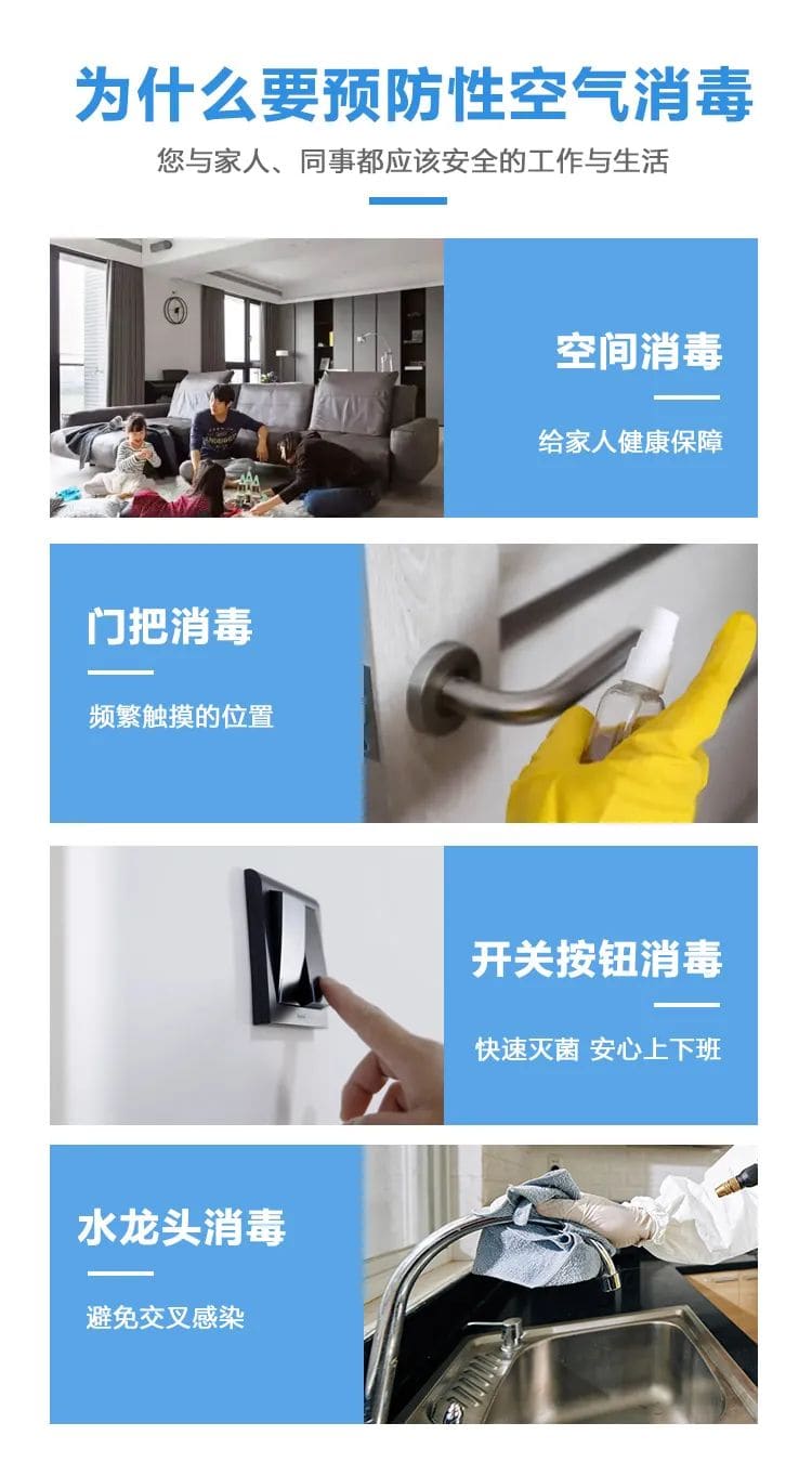 為什么要預(yù)防性空氣消毒,您與家人、同事都應(yīng)該安全的工作與生活,空間消毒,給家人健康保障,門(mén)把消毒,頻繁觸摸的位置,開(kāi)關(guān)按鈕消毒,快速滅菌,安心上下班,水龍頭消毒,避免交叉感染
